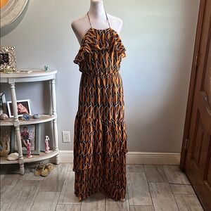 [Rêveuse] Orange Patterned Halter Dress - Size Small NWT
